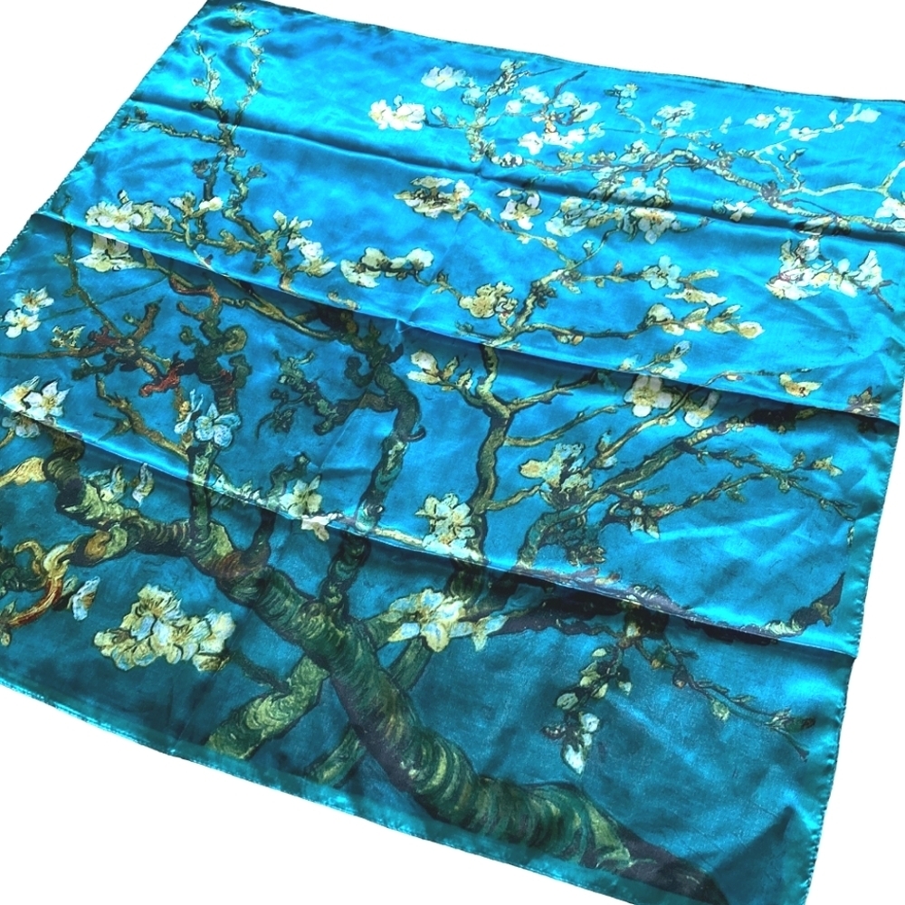 💖 Oversized boho satin blue Floral print print hair neck scarf whimsical - Picture 6 of 15